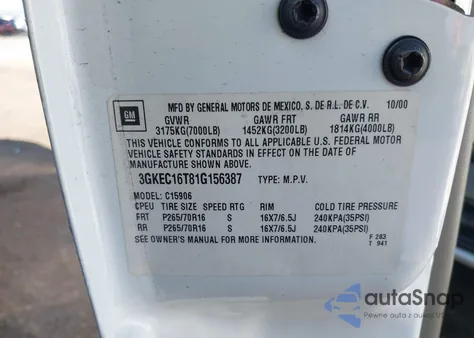 2001 GMC Yukon Xl 1500 Slt z USA, uszkodzony, nr VIN 3GKEC16T81G156387